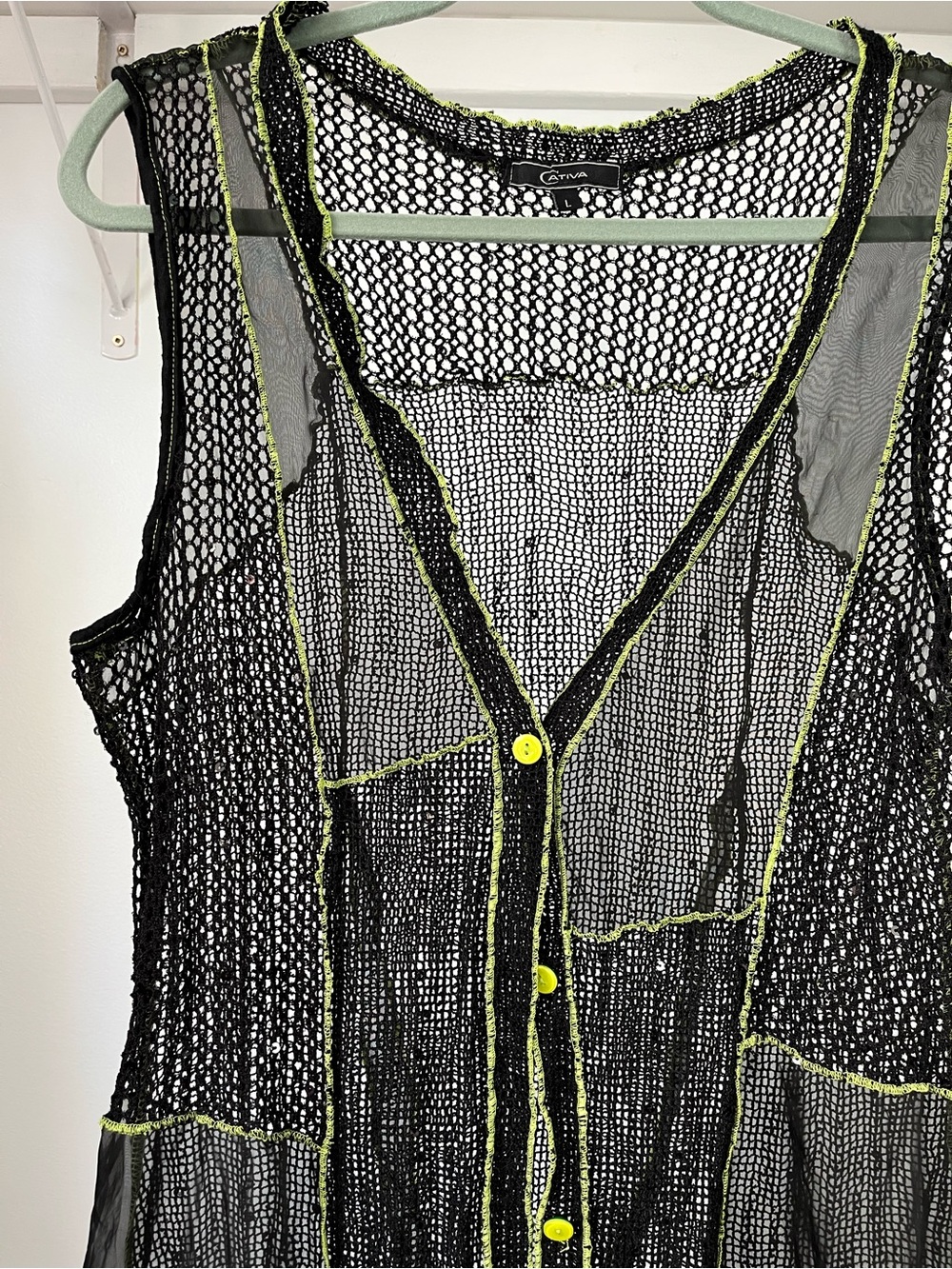 Y2K Cativa Whimsy Grunge Black Sheer Crochet & Mesh Vest Size L